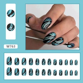 EYZOTSF Press on Nails Short Oval Shaped Acrylic Extra Short Length Oval False Nails with Designs Artificial French Fake Nails with Charms Glue Stick ons Fingernails for Women Girls(W763)