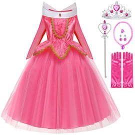 Snyemio Princess Aurora Dress Girls Sleeping Beauty Costume Children's Fancy Dress Dresses with Accessories Carnival Birthday Party Pink 104-110 (Tag 100)