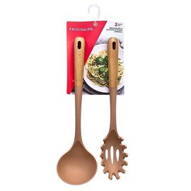 Frigidaire 2PC Beechwood Silicone Utensil Set, Large Soup Ladle, Large Pasta Fork, Heat-Resistant, Kitchen Cooking Utensils with Wooden Handle (ROSE)