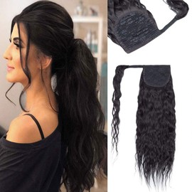 16 Inches Wrap Around Human Hair Ponytail Extensions 100% Remy Human Hair Long Corn Wave Curly With Comb Clip in One Piece Pony Tail Extensions For Girl Lady Women #01 Jet Black 16'' 80g