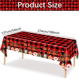 3 Pieces Merry Christmas Tablecloth - 54"x108" Disposable Red and Black Checkered Plastic Table Cover with Santa and Snowflakes for Christmas Dinner Party Supplies, Winter Seasonal Decorations