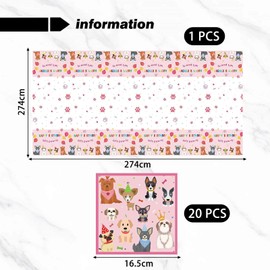 COACOM 1 x cartoon animal tablecloth and 20 x handkerchiefs, cute tablecloth, dining table accessories, party decorations, dog party supplies.