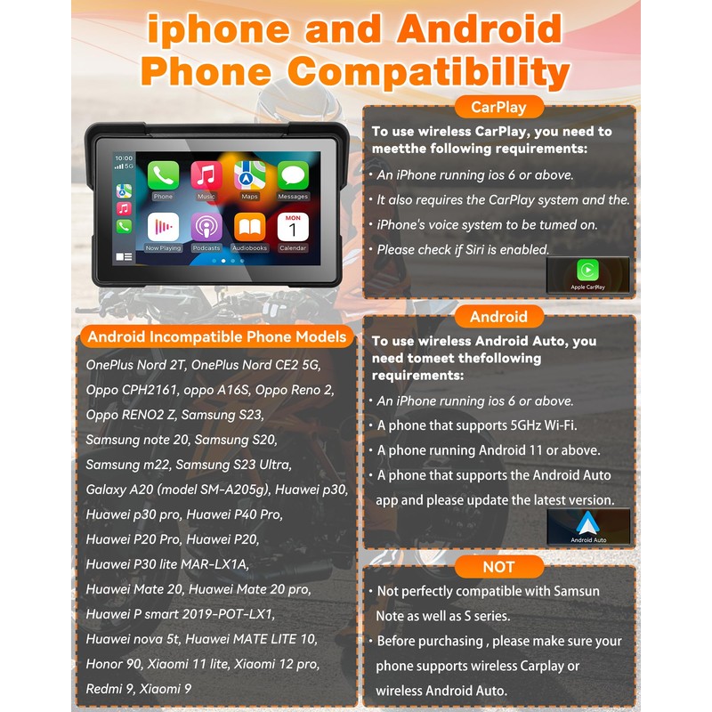 YHTIMIOX Motorcycle CarPlay Screen, 7 Inch Waterproof Touchscreen, Portable Carplay
