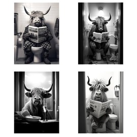 Tomedeks Pack of 4 Pictures for Bathroom, Bathroom Decorative Pictures, Poster DIN A4 without Frame, Funny Wall Decoration, Black and White Wall Picture, Poster Black and White, Toilet Decorative