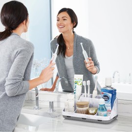 GFWARE Marble Bathroom Countertop Organizer - Detachable 7 Slots Kids Electric Toothbrush and Toothpaste Holde Drainage for Bathroom Accessories Organization Counter Vanity Storage, Grey