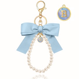 XGALBLA Blue Initial Letter Cute Bow Keychain for Women, Wristlet Simulated Pearl Key Chains Bag Charms for Car Key Handbags Backpacks Coquette Bow Keychain Accessories(Shell Letter B)
