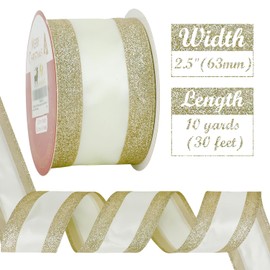 HUIHUANG Gold Wired Satin Ribbon with Glitter Stripe Edges 2.5 inch, Gold and White Christmas Ribbon for Tree, Bows Making, Wreath Supplies, Gift Wrapping Garland, Home Decor, Crafts -10 Yards