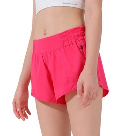 Aurefin Girls Athletic Shorts, Lightweight Running Shorts for Teen Girls Kids Sports Active Shorts with Zip Pocket and Elastic Hot Pink/L