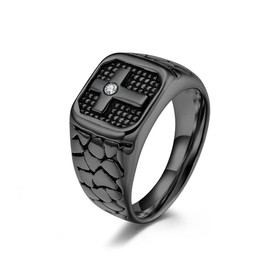 FATACI Vintage Cross Ring for Men, Black Stainless Steel with Cubic Zirconia, Signet Biker Style Christian Religious Prayer Holy Jewelry Size 8