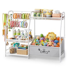 Large Dog Toy Basket with Dog Storage Organizer, Trapezoid Dogs Toy Bin Box with Collar Leash Holder Hook, Toy Holder Chest Pet Storage Cabinet for Living Room, Dogs Essentials for Pet Lovers Gift