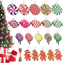40 PCS Christmas Tree Candy Ornaments Set Xmas Colorful Candies Hanging Ornaments Round Lollipop Wood Ornaments with Ropes Peppermint Wood Christmas Decorations for Candy Party New Year Xmas Decor
