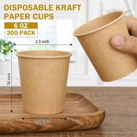 Vumdua 300 Pcs 6 oz Kraft Paper Cups - Disposable Paper Cups Hot Cold Beverage Drinking Cup for Coffee, Water, Tea, Juice, Espresso & Cortado
