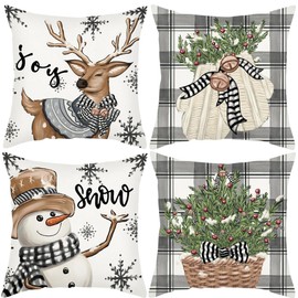 ZANZER Christmas Pillow Covers 18x18inch Set of 4 Snowman Reindeer Throw Pillow Covers Cushion Cases Winter Decorative Farmhouse Pillowcases for Sofa Couch Living Room Home Decor (A)