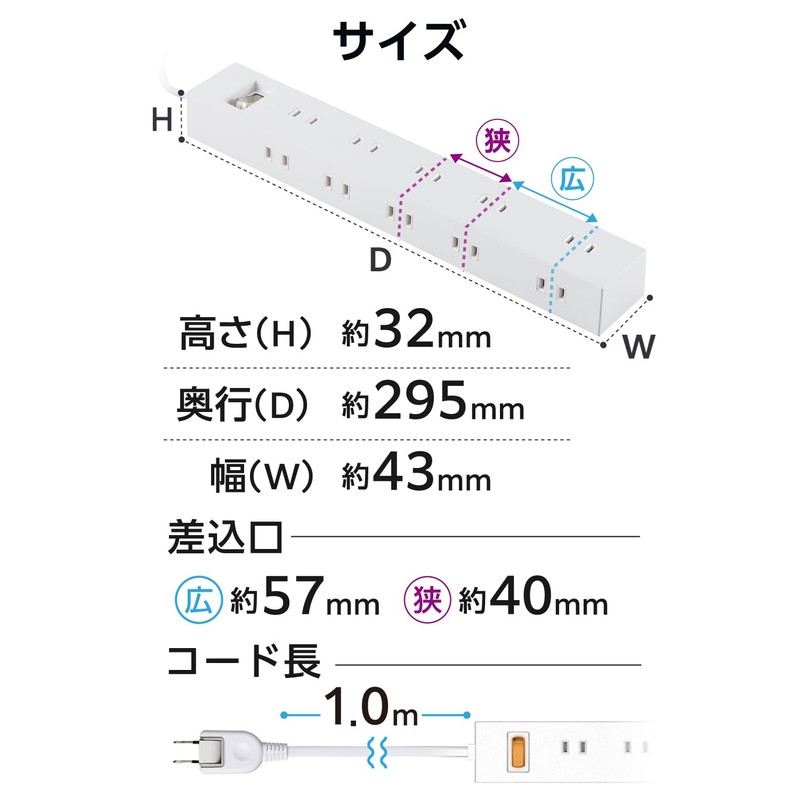 Elecom ECT-1510WH Power Strip Lightning Guard, 10 Slots, 2 Inserts,
