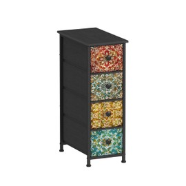 GiftGo Skinny Slim Dresser with Fabric Drawers Thin Boho Mandala Flower Chest of Drawers Narrow Storage Tower for Small Spaces Gaps Bedroom Beautiful Nightstand Living Room Table