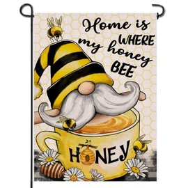 JIMOWANG Honey Bee Gnome Decorative Garden Flag, House Yard Spring Summer Outside Decor, Outdoor Small Burlap Decoration Double Sided 12 x 18