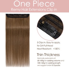 24"-60g One Piece Clip on Hair Extensions Seamless Clip in Hair Extensions #06 Light Brown Real Remy Human Hair Extension 3/4 Half Head Natural Straight