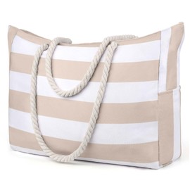 Large Beach Bags Waterproof, Zippered Beach Tote Bags, Girls Oversized Swim Pool Bags for Travel (Khaki Stripe)