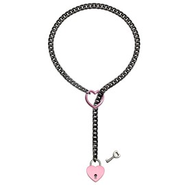 paloli Womens Slip Chain Necklace Heart O-Ring, Punk Rock Cuban Long Necklace Jewelry For Women, Adjustable Lariat Y-Necklace Heart Locker With Key (Black-Pink, 32'')