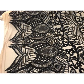 NEW CREATIONS FABRIC AND FOAM INC BLACK SHINY SEQUINS ROYALTY DESIGN ON A NUDE 4 WAY STRETCH MESH-BY YARD.