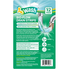 L-Wash Bio-Flow Drain Strips - Lemon Scent Odor Remover & Freshener - 12 Strips