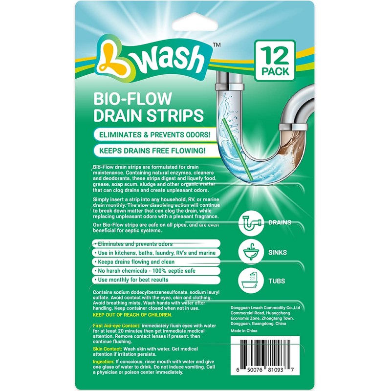 L-Wash Bio-Flow Drain Strips - Lemon Scent Odor Remover &