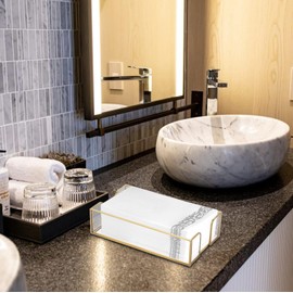 Sumnacon Napkin Holder,Glass Napkin Holder Table,Stylish Guest Towel Holder for Hand Towel Napkin,Rectangle Napkin Basket for Bathroom Toilet Kitchen Dining Table Counter,Gold