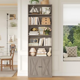 FACBOTALL 82" Tall Bookcase and Book Shelf, 24" Wide Bookshelf with Doors, 7 Tier Bookcase with Storage and Adjustable Shelf, Open and Display Farmhouse Bookshelf for Living Room, Home Office, Gray