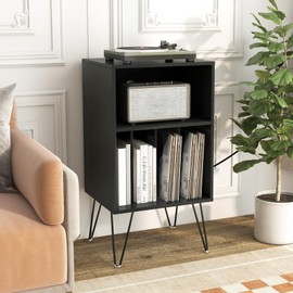 Tangkula Record Player Stand with Charging Station, Turntable Nightstand with Vinyl Record Storage Cabinet, Side End Table with Display Shelf, Record Player Holder for Living Room (Black, 35" H)