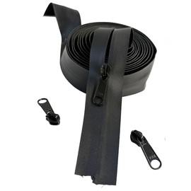 #5 YKK AquaGuard Water Resistant Coil Continuous Zipper Chain by The Yard Make-A-Zipper with Long Pull (Non Lock Slider) Color Black - Pick an Option (Black #580J, 1 Yards - 3 Sliders)