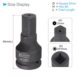 CoCud Impact Hex Bit Socket, 21mm Hex Bit 3/4" Square Drive 80mm Length, CR-MO Chamfer Design Pin Hole Metric Hex Socket - (Applications: for Automotive Electric Repair)