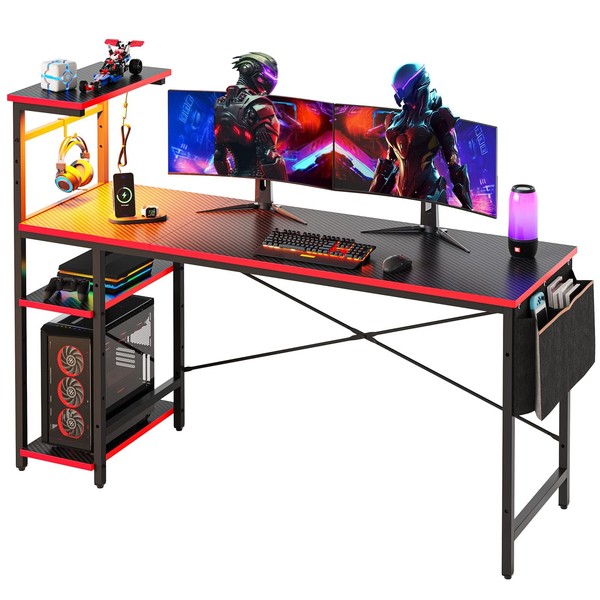 Bestier 61 Inch Gaming Desk with LED Lights, Reversible Shelves,