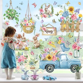 wondever Spring Garden Flower Truck Window Clings Floral Butterflies Bunny Glass Sticker Decal Anti Collision Double-Side Static Window Stickers for Home Glass Window