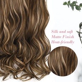 REECHO 20" 1-pack 3/4 Full Head Curly Wave Clips in on Synthetic Hair Extensions HE008 Hair pieces for Women 5 Clips 4.5 Oz Per Piece - Chocolate Brown with Blonde Highlights