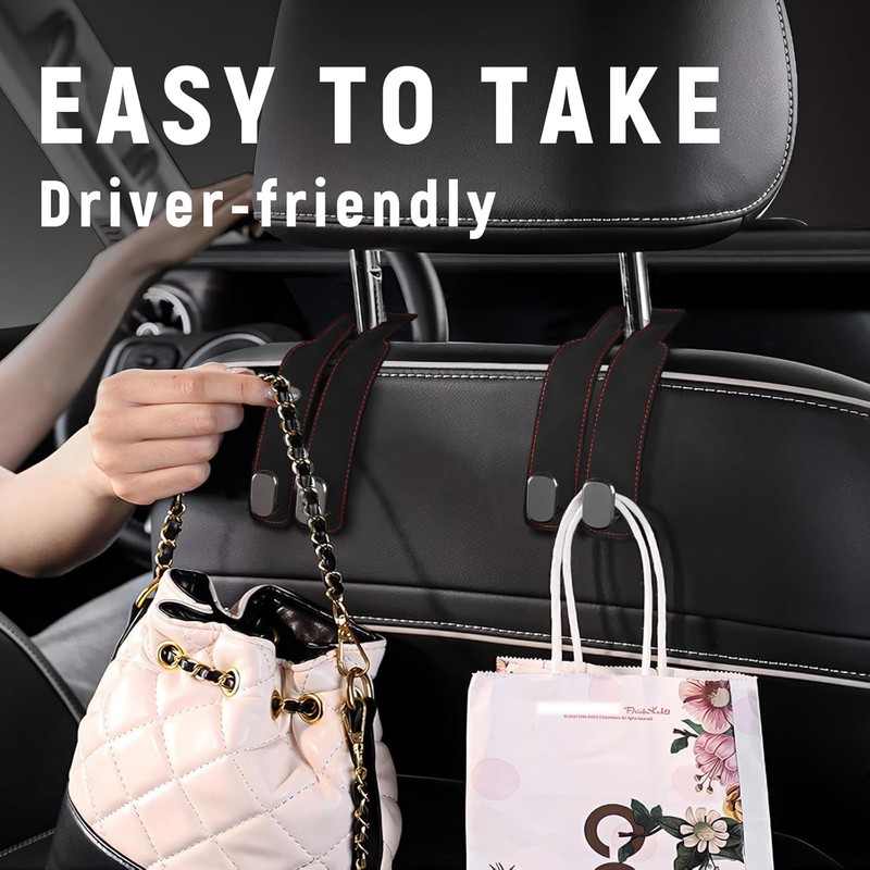 2-Pack Car Seat Back Double Hook, Leather Car Headrest Hooks