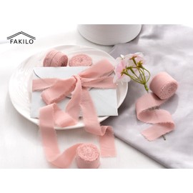 FAKILO Chiffon Ribbon Pink 18.3 Metres, 25 mm Narrow with Fringe Chiffon Ribbon Silk Ribbon for Wedding, Wedding Bouquet and Birthday Gift, Table Decoration
