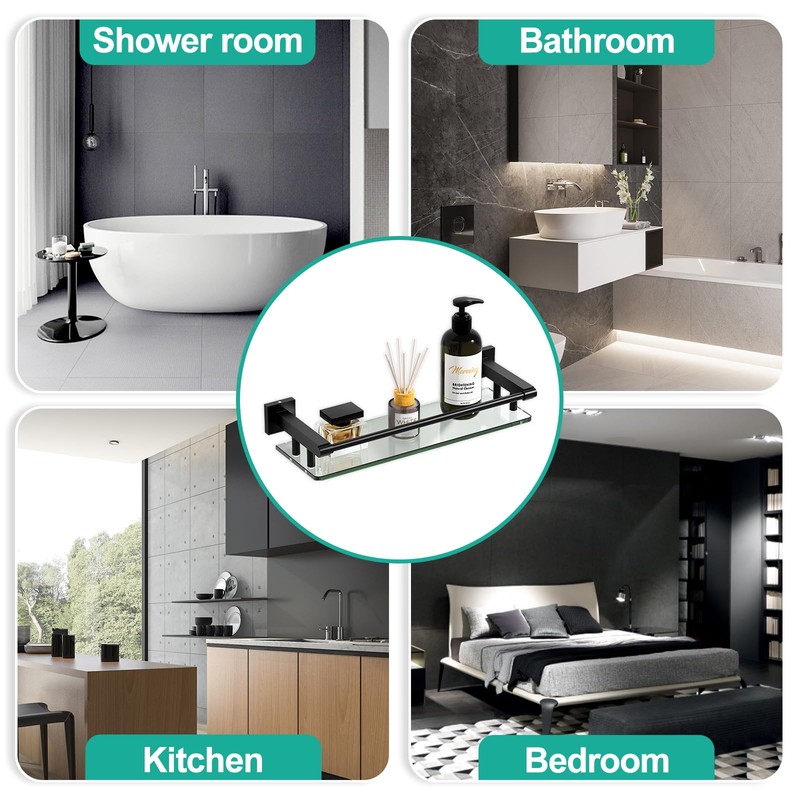 SFGSOWOR Glass Shelf 16IN for Bathroom Black Rectangular Stainless Steel