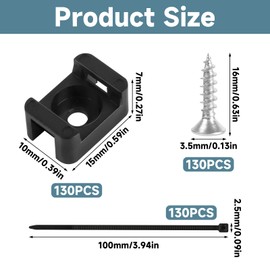 Pack of 130 Screw Cable Holders, Black Cable Clamps for Screwing, Nylon Cable Tie Holder with Cable Ties and Screws, Mounting Base for Cable Attachment