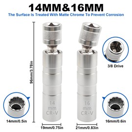VBGURR 3/8 Inch Drive Spark Plug Socket 360 degree Rotation Magnetic Spark Plug Removal Tool 14Mm & 16Mm CR-V Steel Thin Wall Spark Plug Socket Set Universal Car Repair Spark Plug Removal Tool