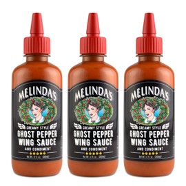 Melinda’s Ghost Pepper Wing Sauce - 12 Oz, 3 Pack - Gourmet Spicy Hot Sauce - Made with Fresh Ingredients, Ghost Peppers (Bhut Jolokia), Habanero Pepper, Carrot, Garlic, Lime - Vegan, Gluten Free