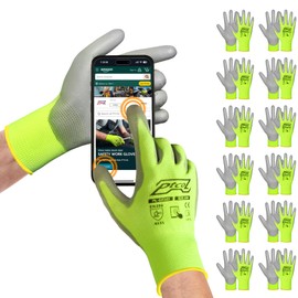 PTCOL Safety Work Gloves PU Coated for Men and Women-12 Pairs,Hi-Vis Seamless Knit Glove with Three Fingers Touchscreen,Ideal for General Duty Work (Large)
