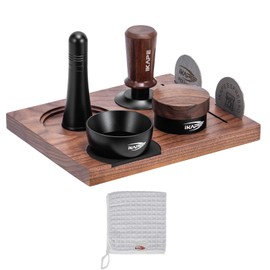 IKAPE 53MM Espresso Tamper Kit 8 IN 1 Black, Coffee Tamper, Distributor, WDT Stirrer Distribution Tool, Magnetic Dosing Funnel, Puck Screen 2pcs, Wooden Tamper Base, Cleaning Towel