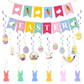 20Pcs Easter Party Decorations, Easter Bunny Banner Hanging Decorations Set Includes Easter Decorations Banner Easter Eggs Bunny Chick Easter Hanging Swirls For Easter Hanging Decorations