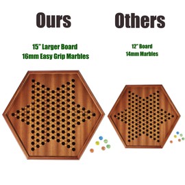 VAMSLOVE Chinese Checkers 15" Large Upgraded Version Wooden Game Board, 16mm 60+12 Colorful Glass Marbles, Easy Grasping for Adults and Kids, w/Storage Drawer, Fun for Family Gathering