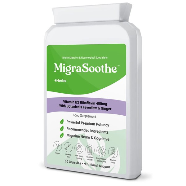 Migraine Relief Feverfew + Ginger + Vitamin B2 Riboflavin 400mg per Capsule - Migrasoothe + Herbs NHS Recommended Ingredients UK Made Stress, Headaches Tremors & Energy Vegan. Vitamin B2 400 [30]