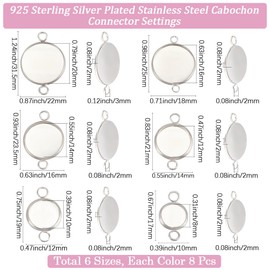Beebeecraft 48Pcs 6 Style Cabochon Connector Settings Sterling Silver Plated Stainless Steel Flat Round Blank Bezel Pendant Trays for Diy Jewelry Making (Tray: 8/10/12/14/16/20mm)