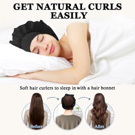 Gwabee No Heat Hair Curlers Overnight Curls Headband - 70" Soft Ribbon Curl Wrap for Long Hair, 9 PCS Curling Rod Set with Bonnet - Black