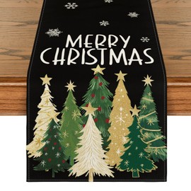 Artoid Mode Xmas Trees Snowflakes Black Merry Christmas Table Runner, Winter Seasonal Kitchen Dining Table Decoration for Home Party Decor 13x36 Inch