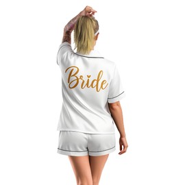 Jecery Womens Satin Pajamas Set for Bride & Bridesmaid, Short Sleeve Sleepwear with Hair Band for Wedding Bridal Party Gifts(White,L,Bride)