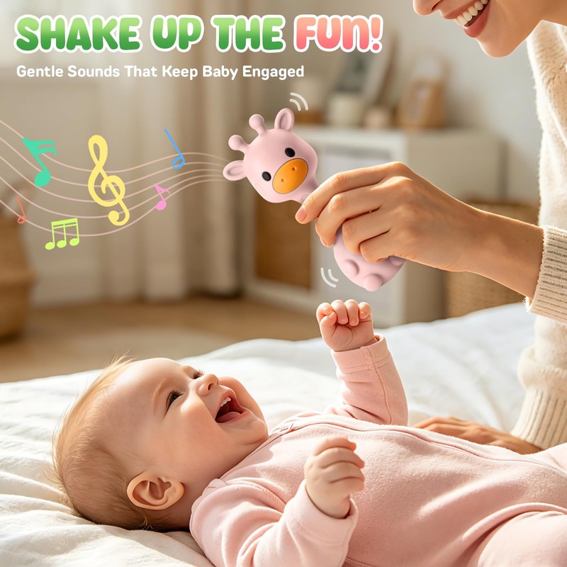 Baby Teething Toys 3-6 6-12 Months, 2-in-1 Rattle and Teether